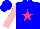 Blue, hot pink star, pink sleeves, blue cap