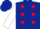 Dark blue, red spots, white sleeves