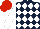 Dark blue and white diamonds, white sleeves, red cap