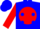 Blue, blue 'j' on red ball, blue dots on red sleeves, blue cap