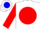 White, blue 'k' on red ball, blue bars on red sleeves