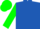 Royal blue, green 'fr' in horseshoe, green sleeves, green cap