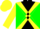 Black and green diagonal quarters, yellow cross sashes, yellow sleeves, yellow cap