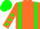 Orange, green braces, green 'gz', green stars on sleeves, green cap