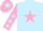 Light blue, pink star, pink sleeves, light blue stars, pink cap, light blue star