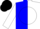 Blue and white diagonal halves, black and white ball, blue and black bars on white sleeves, black cap