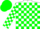 White, red and green emblem, red sleeves, kelly green blocks, red and green blocks on cap