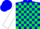 Blue, green blocks, green bars on white sleeves, blue cap