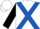 White, royal blue cross sashes, black sleeves, white cap