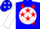 Blue, white ball, red stars on white sleeves