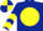 Dark blue, yellow disc, chevrons on sleeves, quartered cap