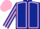 Dark blue, pink seams, striped sleeves, pink cap