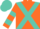 Orange, turquoise cross sashes, turquoise bars on sleeves, turquoise cap