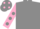 Grey, pink sleeves, grey spots, grey cap, pink spots