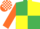 Emerald green and yellow (quartered), orange sleeves, orange and white check cap