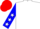 White, red 'm', blue sleeves, white stars, red cap