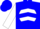 Blue, blue 'z' on white ball, blue chevrons on white sleeves