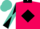 Hot pink, black collar and diamond belt, black and turquoise diagonally quartered sleeves, turquoise cap