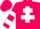 Hot pink, white cross of lorraine, white hoops on sleeves