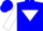 blue body, white inverted triangle, diablo sleeves, blue cap