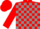 Red and grey check, red sleeves and cap