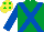 Emerald green,royal blue cross sashes,royal blue sleeves,yellow cap,green spots