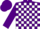Purple and white blocks, gold crown, purple cap
