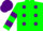 Neon green, purple dots, purple bars on sleeves, purple cap