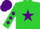 Lime, lime 'mb' on purple star, purple diamonds on sleeves, purple cap