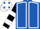 Royal Blue, White seams, Black and White hooped sleeves, White cap, Royal Blue spots