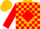 Gold, red 'h' in red diamond frame, red blocks on sleeves, gold cap