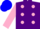 Purple, pink dots, pink sleeves, two blue hoops, blue cap