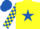 Yellow, royal blue star, checked sleeves, royal blue cap