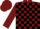 Burgundy and black blocks, white 'hoss', burgundy cap