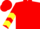Red, yellow emblem, yellow chevrons on sleeves, red cap