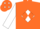 Orange, orange 'tg' on white diamond on back, orange diamonds on white sleeves