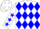 White w/ blue diamonds & stars sleeves w/ blue racing horse back