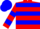 Red, blue hoops, blue bars on sleeves, red and blue cap
