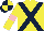 Yellow, dark blue cross belts, yellow sleeves, pink armlets, dark blue and yellow quartered cap
