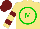 Khaki, green circled 'm', burgundy bars on sleeves, burgundy cap