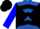 Royal blue and black diagonal quarters, black chevrons on blue sleeves, blue and black cap