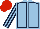 Light blue, dark blue seams, striped sleeves, red cap