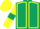 Dark green, yellow seams, yellow sleeves, dark green armlets, yellow cap