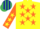 Yellow, orange stars, orange sleeves, yellow stars, dark blue and emerald green striped cap