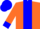 Orange, blue panel, blue cuffs, blue cap