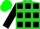 Lime green, black 'mkb' , black squares on sleeves, green cap