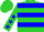 Lime green, blue framed lime green star, blue hoops and stars on sleeves