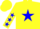 Yellow, blue 'fate' and star, blue stars on sleeves, yellow cap