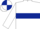 White body, dark blue hoop, white arms, white cap, dark blue quartered