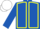 Royal blue, yellow seams, white cap